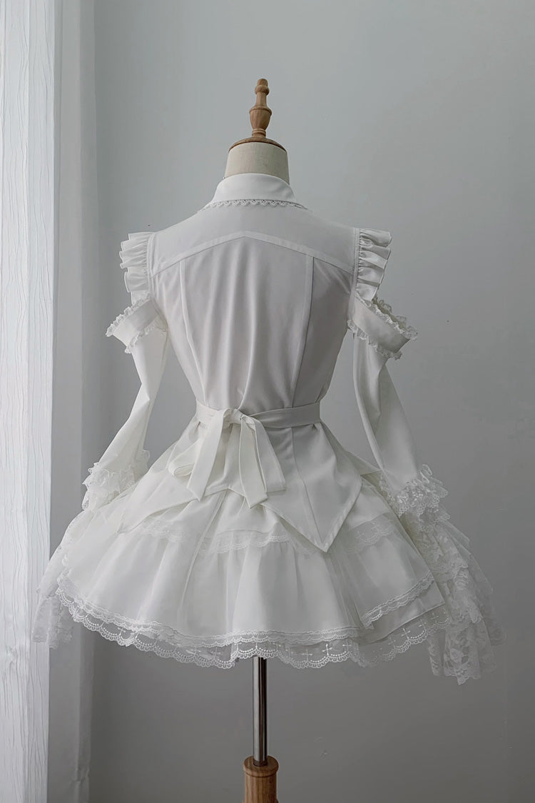 White [Snowy Night Princess] Lapel Collar Long Hime Sleeves Ruffled Bow Lace Gothic Jirai Kei Japanese Skirt Set - Product - 2