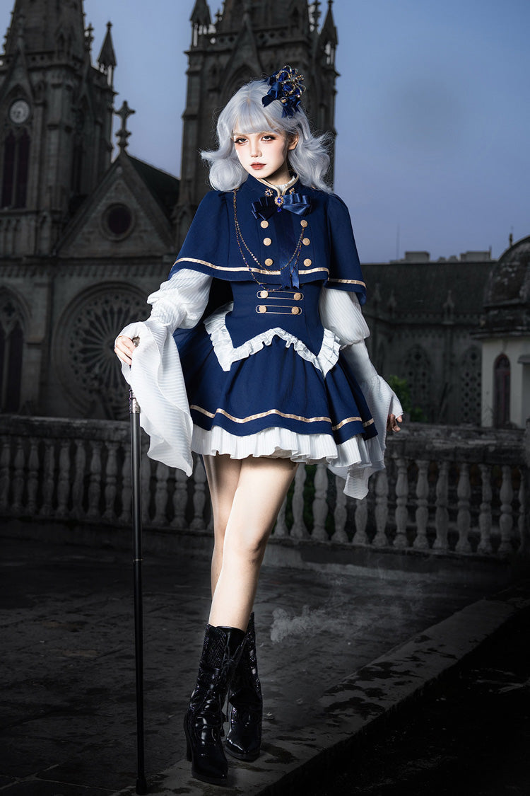 Blue [Eternal Crown] Stand Collar Long Lantern Sleeves Ruffled Color-Blocked Faux Two-Piece Classic Royal Lolita Dress 2 Versions - Product - 15