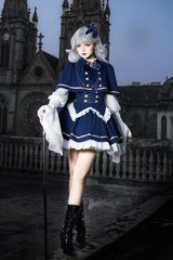 Blue [Eternal Crown] Stand Collar Long Lantern Sleeves Ruffled Color-Blocked Faux Two-Piece Classic Royal Lolita Dress 2 Versions - Product - 15