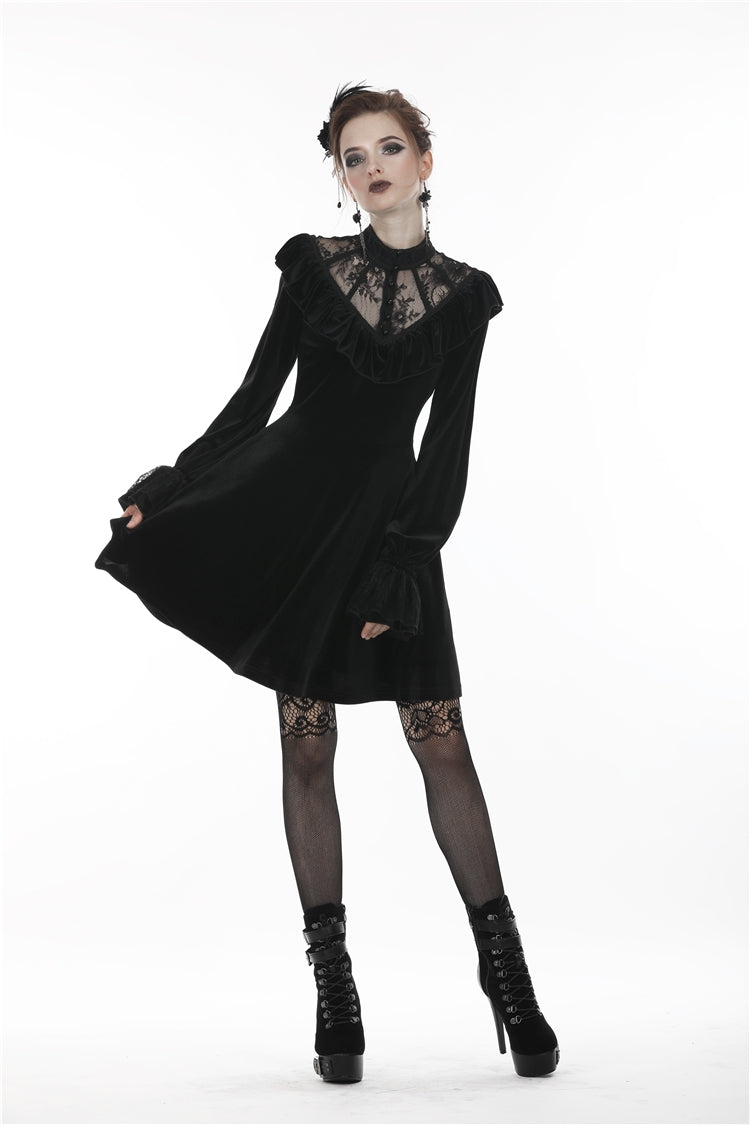 Black V-neck Long Sleeves Ruched Ruffled Lace Women's Lolita Gothic Velvet Dress - Product - 8