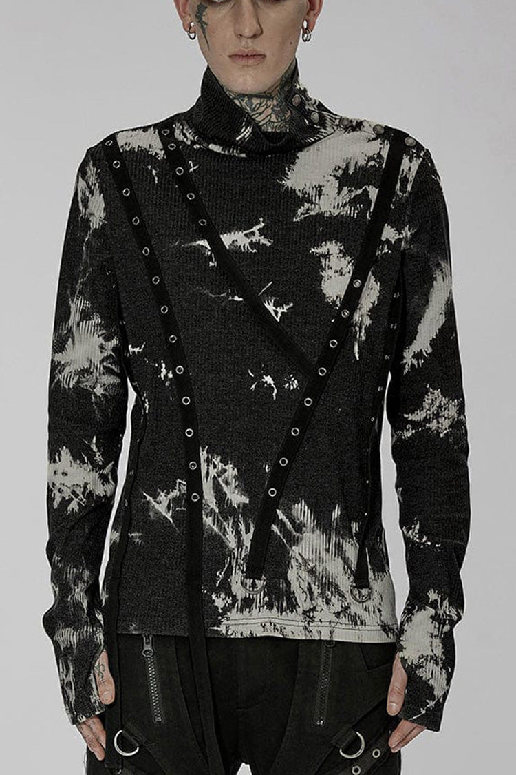 Black/White Punk Asymmetric Metal Buckle Side Button Tie Dye High Neck Basic Long Sleeve Men's Shirt - Black/White - 1