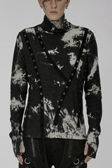 Black/White Punk Asymmetric Metal Buckle Side Button Tie Dye High Neck Basic Long Sleeve Men's Shirt - Black/White - 1
