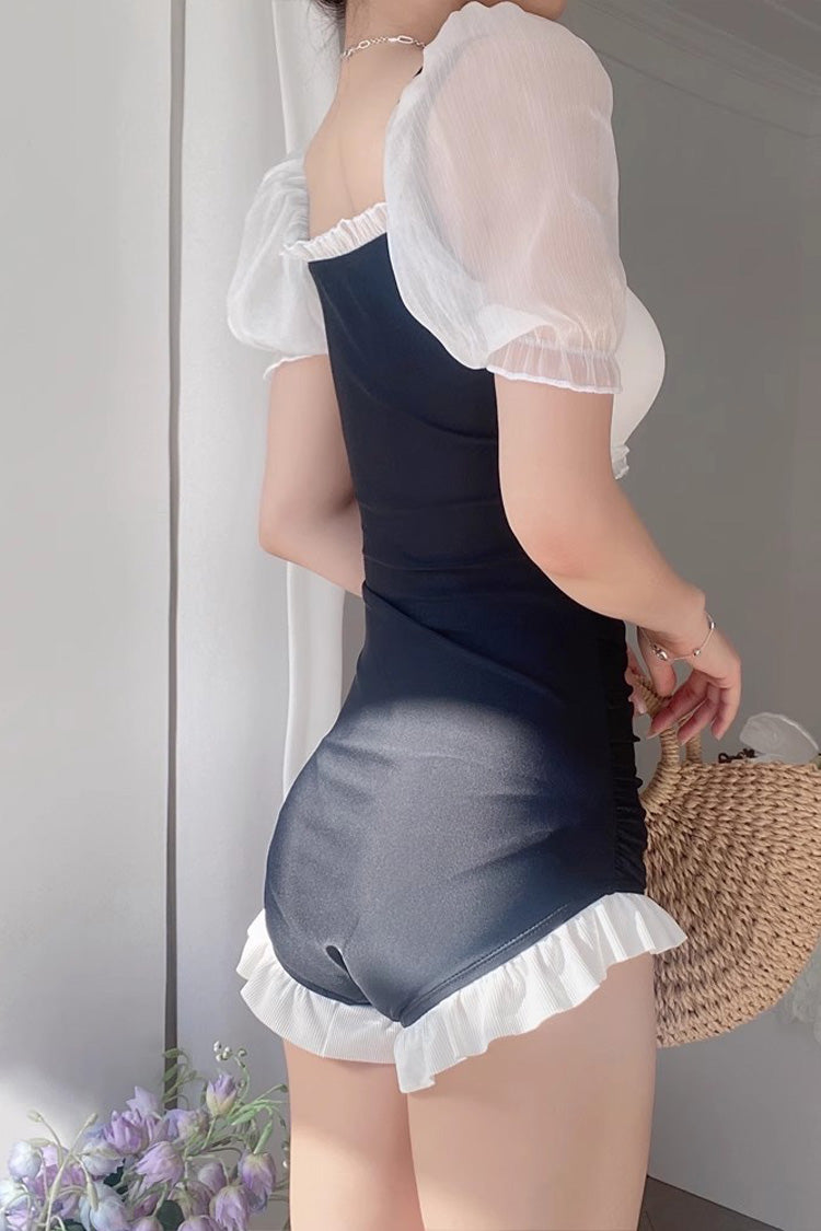 Black/White Short Sleeves Ruffle Cute Sweet Lolita Strapless One Piece Swimsuit - Product - 4