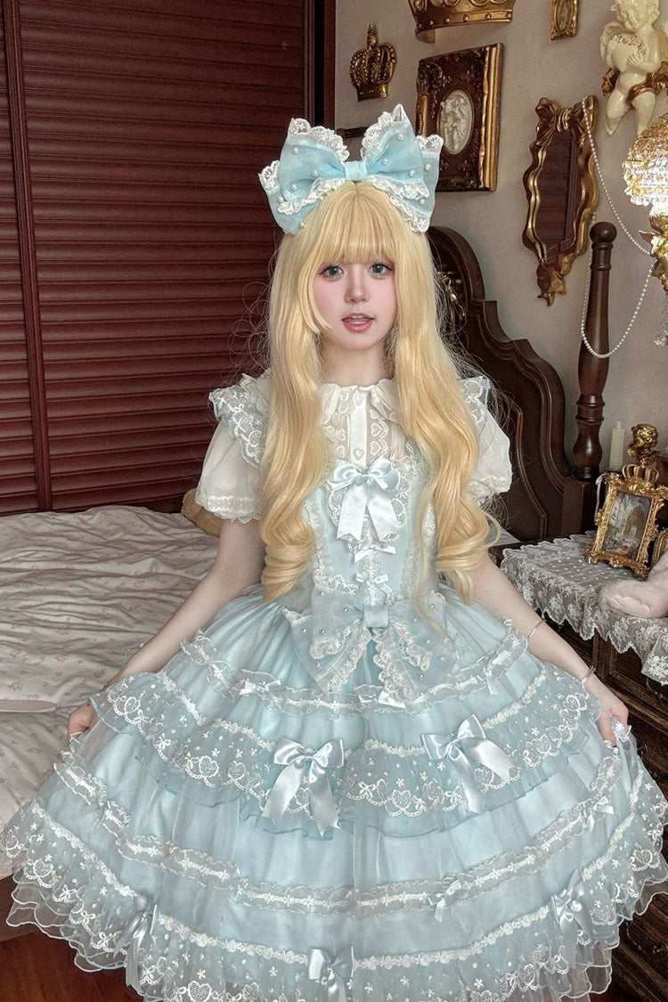 Blue [Lotus Butterfly Heart] Multi-Layered Ruffle Hanayome Bowknot Lace Sweet Lolita Jsk Dress - Product - 2