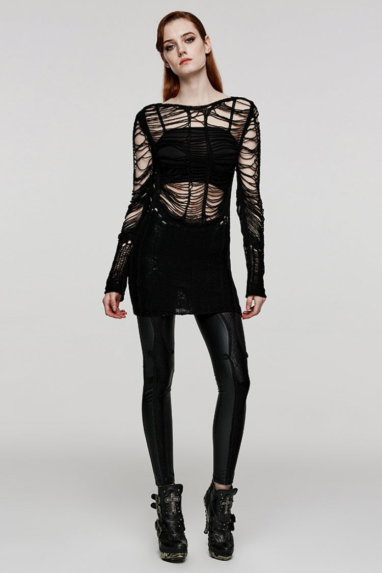 Black Long Sleeves Hollow Sheer Ripped Women's Steampunk Long Sweater - Product - 4