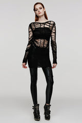 Black Long Sleeves Hollow Sheer Ripped Women's Steampunk Long Sweater - Product - 4
