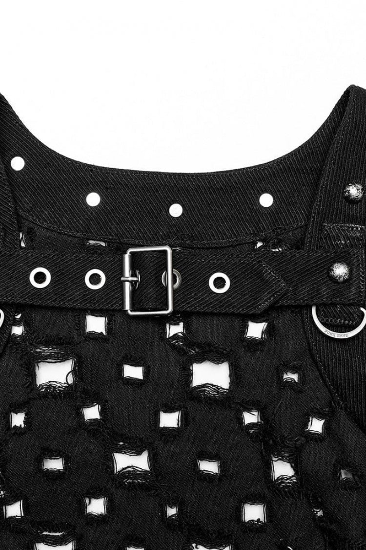 Black Ripped Buckle Hollow Irregular Womens Steampunk Blouse Cardigan - Product - 6