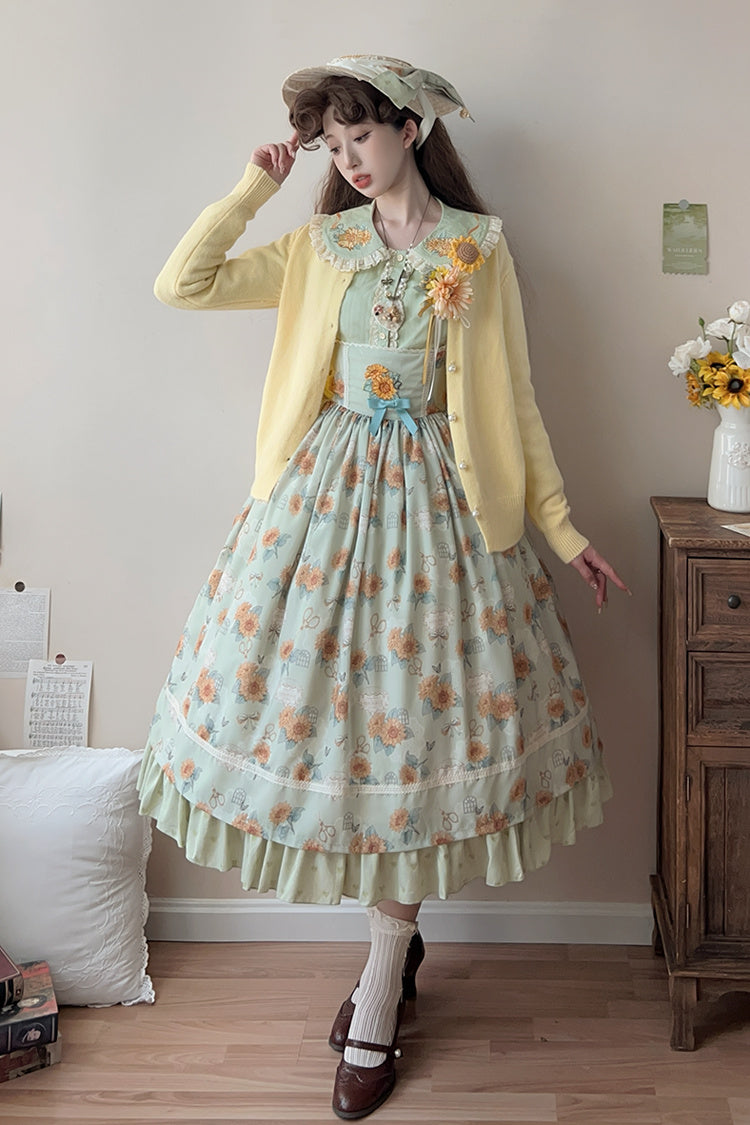 Green [Gardening Sunflower] Sleeveless Print Ruffle Bowknot Sweet Elegant Uplift Lolita Jsk Dress - Product - 6