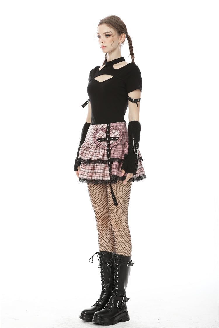 Pink Rock Heart Plaid Double-Layered Ruffled Women's Lolita Mini Skirt with Lace Hem - Product - 2