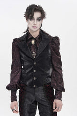 Black Lapel Collar Jacquard Lace Slim Men's Gothic Vest - Black - 1