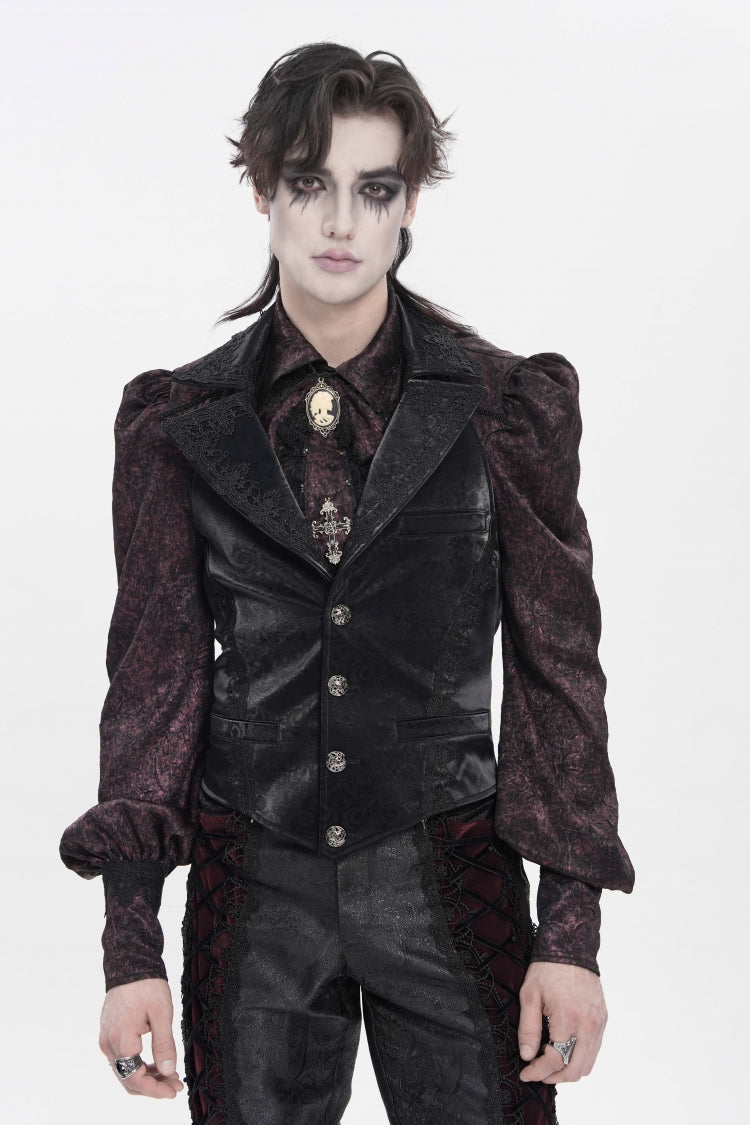 Black Lapel Collar Jacquard Lace Slim Men's Gothic Vest - Black - 1