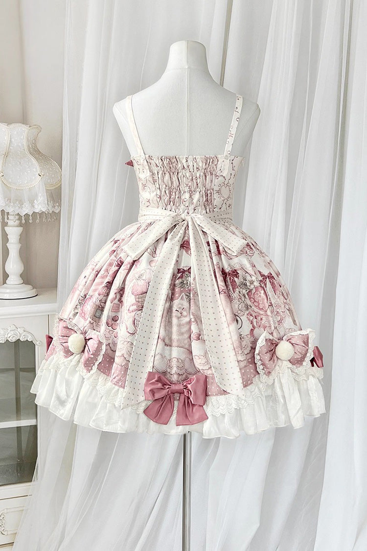 Pink [Cat Dessert House] Print Ruffle Bowknot Sweet Lolita Jsk Dress Set - Product - 7