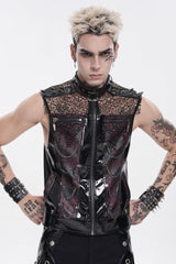 Black Stand Collar Sleeveless Spliced Mesh Studded Zippered Chain-Decorated Eyelet Men's Punk Vest - Product - 12