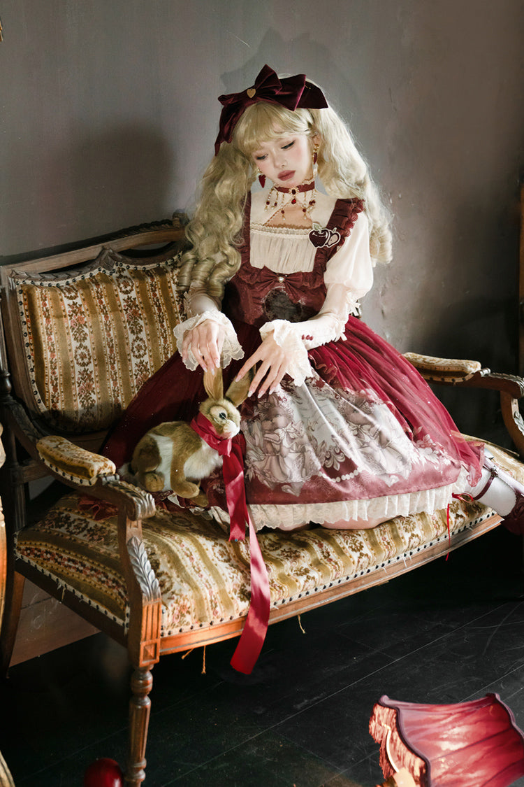 Red Bunny Tea Party Print Ruffle Bowknot Sweet Lolita Jsk Dress - Product - 10