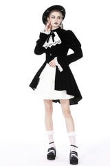 Black/White Frilly Collar Skull Bow Tie Long Puff Sleeves Lace Lace-Up Women's Gothic Vintage Velvet Jacket - Product - 11