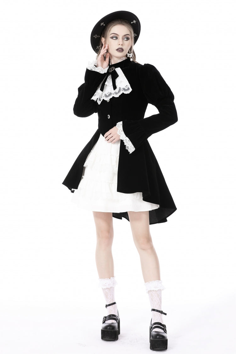 Black/White Frilly Collar Skull Bow Tie Long Puff Sleeves Lace Lace-Up Women's Gothic Vintage Velvet Jacket - Product - 11