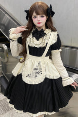 Black Short Sleeves Stripe Print Ruffle Bowknot Sweet Plus Size Maid Lolita Dress - Black - 1