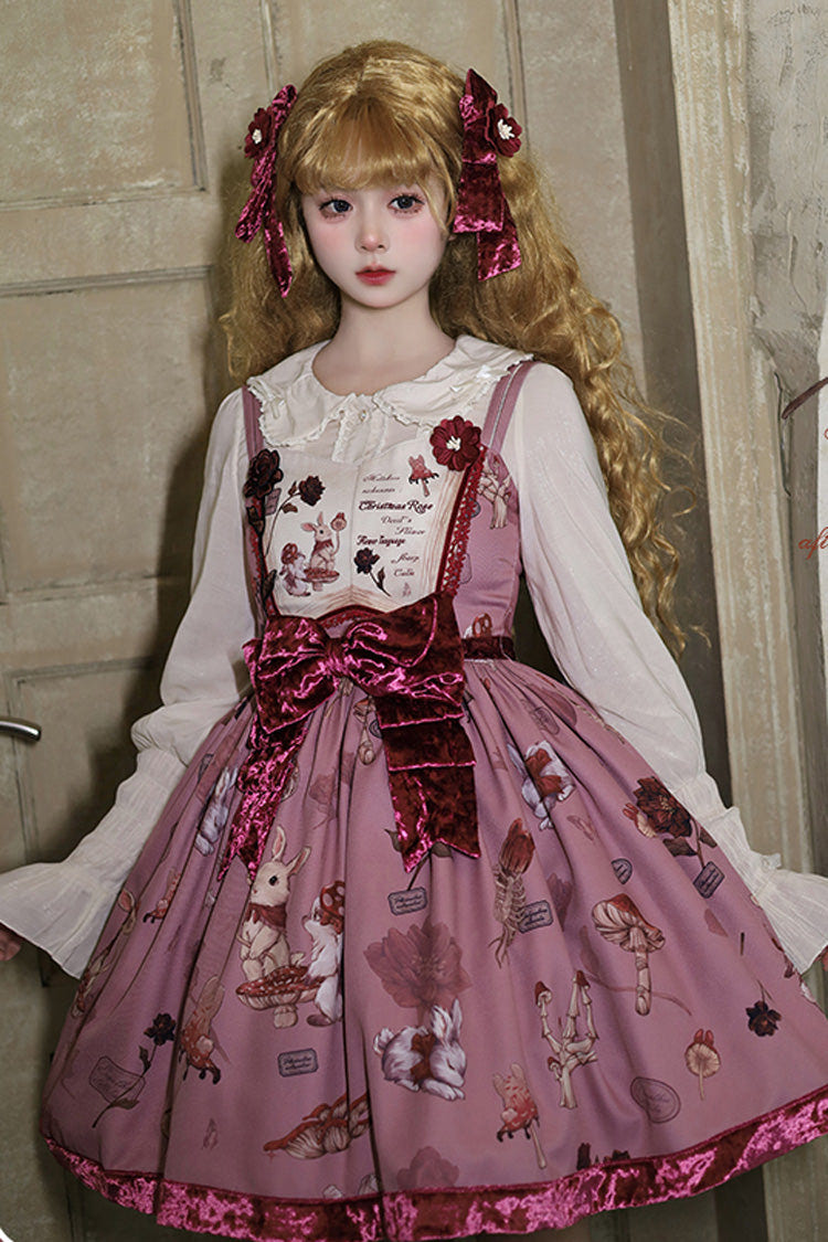 Red Sleeveless Rabbit Sunflower Print Ruffle Embroidery Bowknot Sweet Lolita Jsk Dress Short Version - Product - 3