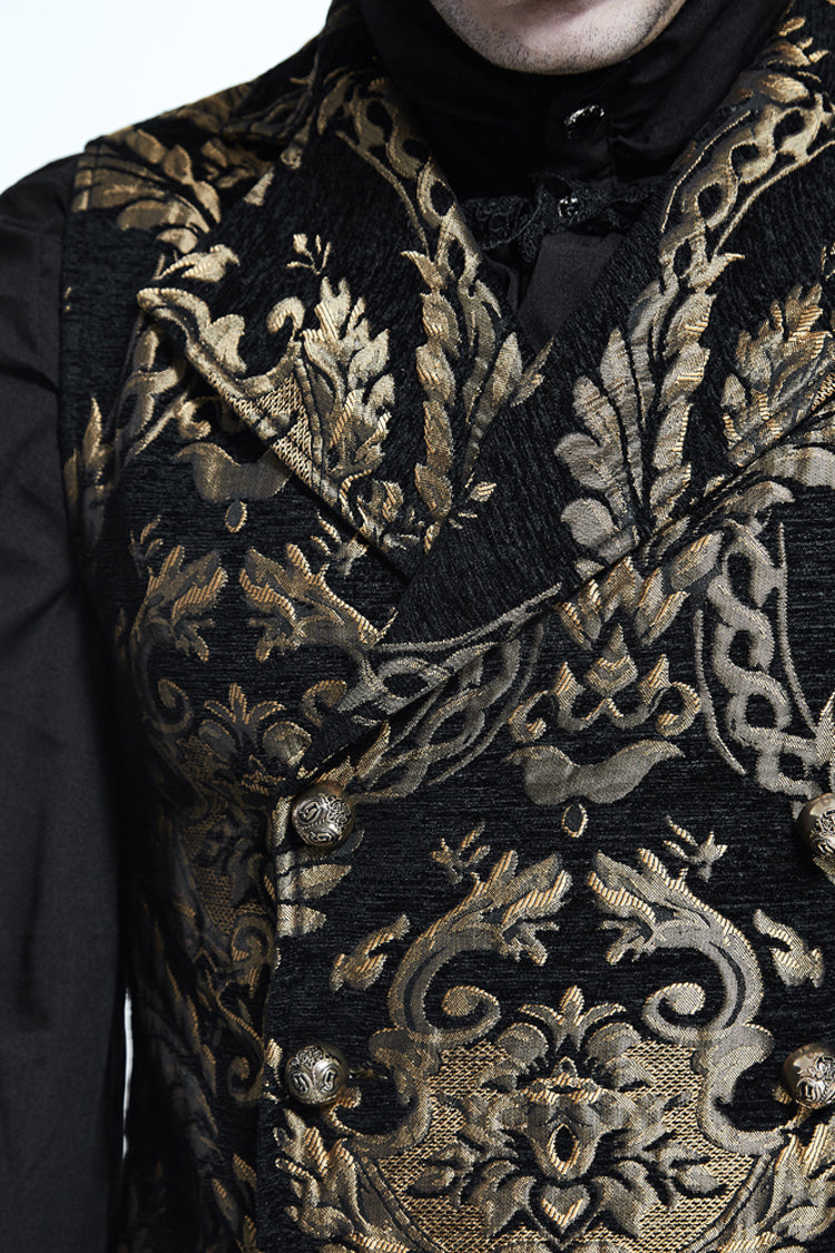 Black/Gold Short Big Jacquard Pattern Men's Gothic Waistcoat - Product - 6