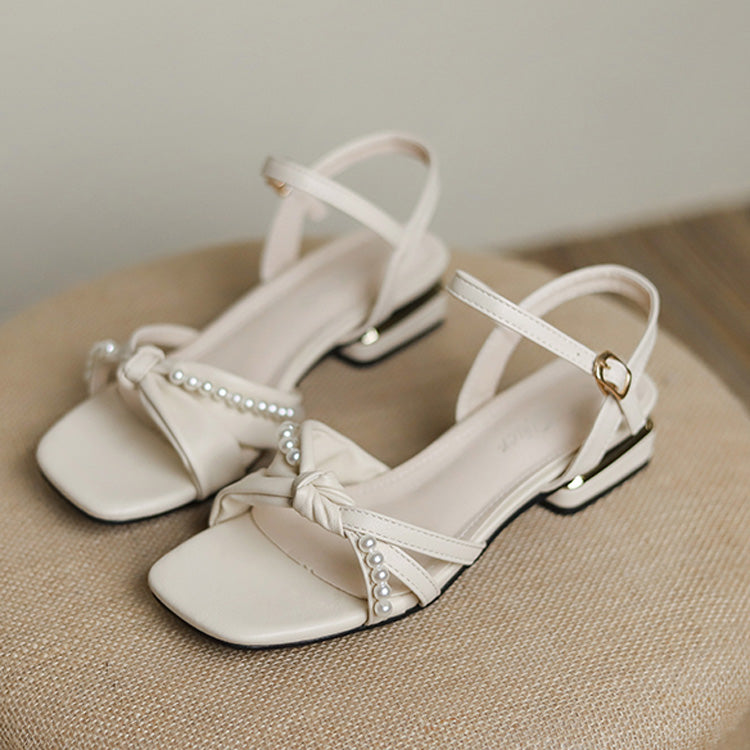 Pearl Chain Decoration Sweet Elegant Sandals 2 Colors - Apricot - 1