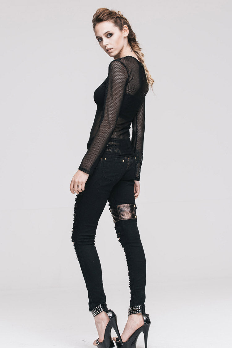Black See-Through Sexy Hexagonal Mesh Long Sleeve Women's Punk T-Shirt - Product - 8