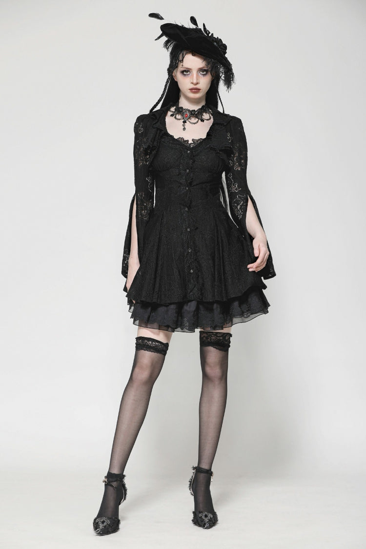 Black Long Trumpet Sleeves Embroidered Lace Lace-Up Women's Gothic Honeymoon Dress - Black - 1