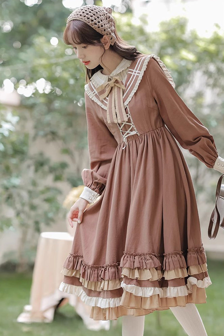 Brown Long Sleeves Multi-layer Ruffle Two Fake Pieces Sweet (Dress Only) detail view 4