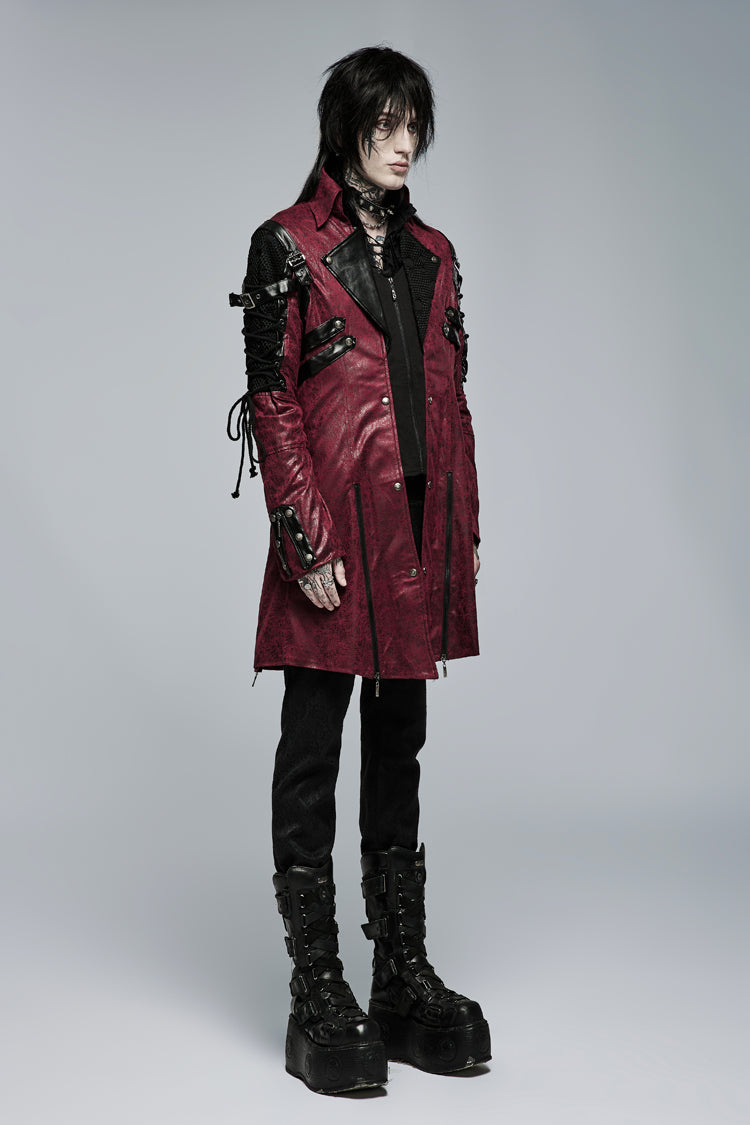 Red Metal Buckle Decoration Zipper Mens Steampunk Windbreaker Coat - Product - 5