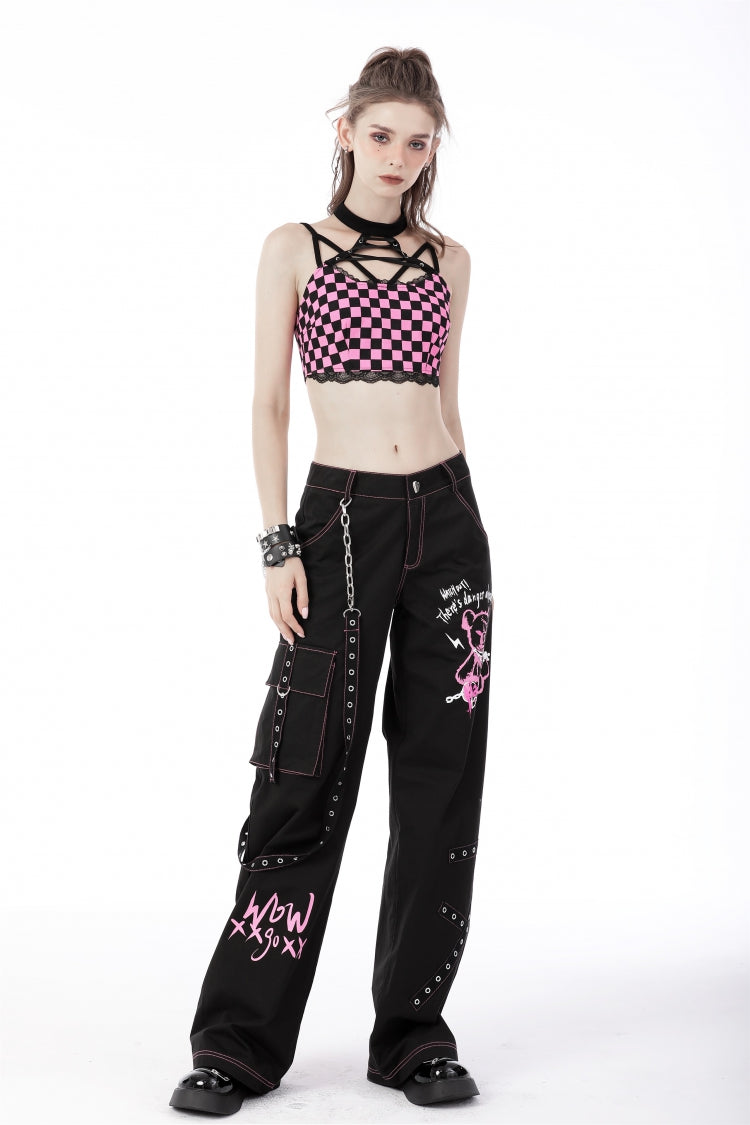 Black Dangerous Bear Chain-Decorated Women's Grunge Bell Bottom Pants - Product - 7