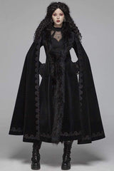 Black Fur Collar Slit Cloak Shape Sleeve Back Waist Lace Up Imitation Cashmere Long Women's Gothic Coat - Product - 2