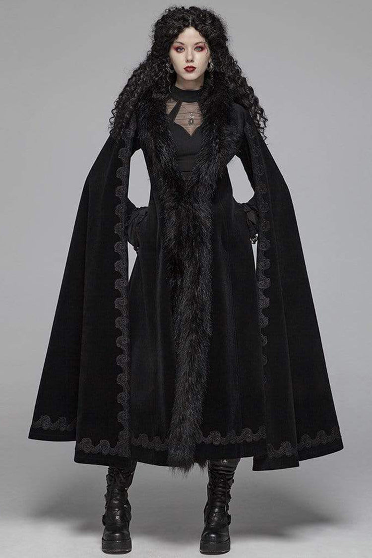 Black Fur Collar Slit Cloak Shape Sleeve Back Waist Lace Up Imitation Cashmere Long Women's Gothic Coat - Product - 2