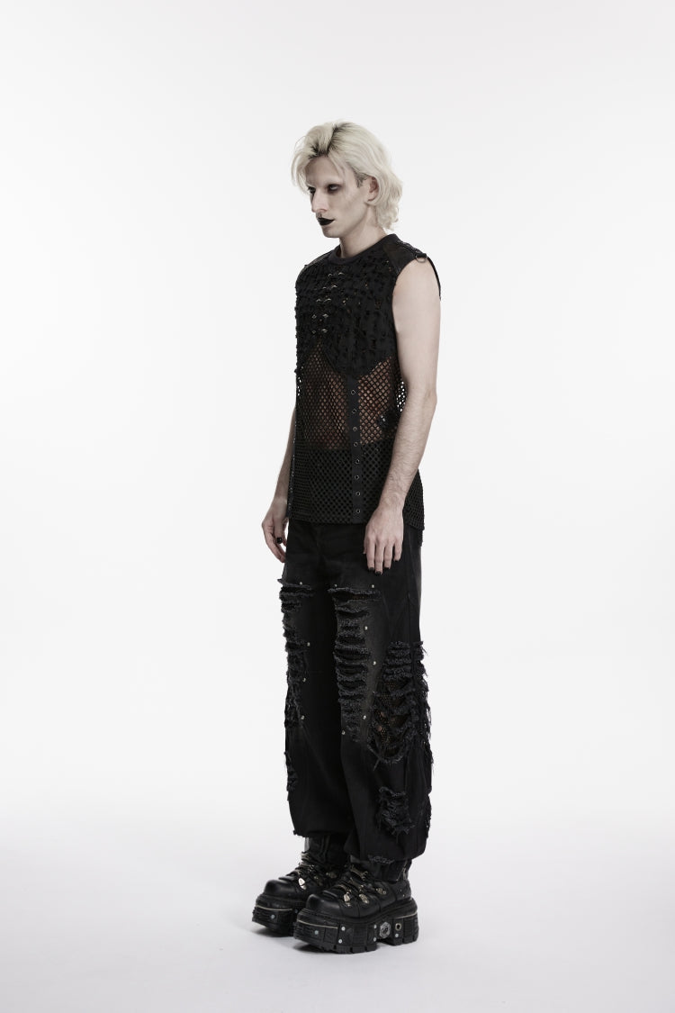 Black Spliced Mesh Ripped Studded Eyelet Men's Punk Cool Vest - Product - 2