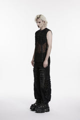 Black Spliced Mesh Ripped Studded Eyelet Men's Punk Cool Vest - Product - 2