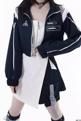 Blue/White [Message Overload] Techwear Long Sleeves Embroidered Asymmetric Zippered Jirai Kei Dress Short Coat Set - Product - 5