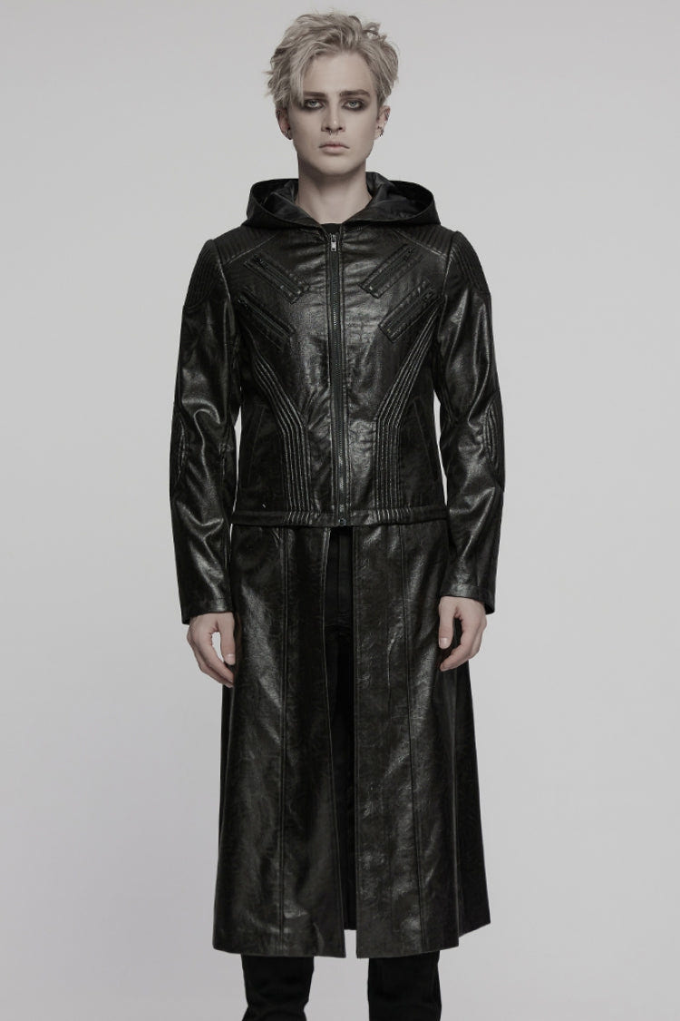 Black Long Sleeves Ruched Faux Leather Stitching Hooded Detachable Men's Punk Coat - Product - 4