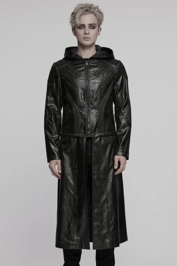 Black Long Sleeves Ruched Faux Leather Stitching Hooded Detachable Men's Punk Coat - Product - 4