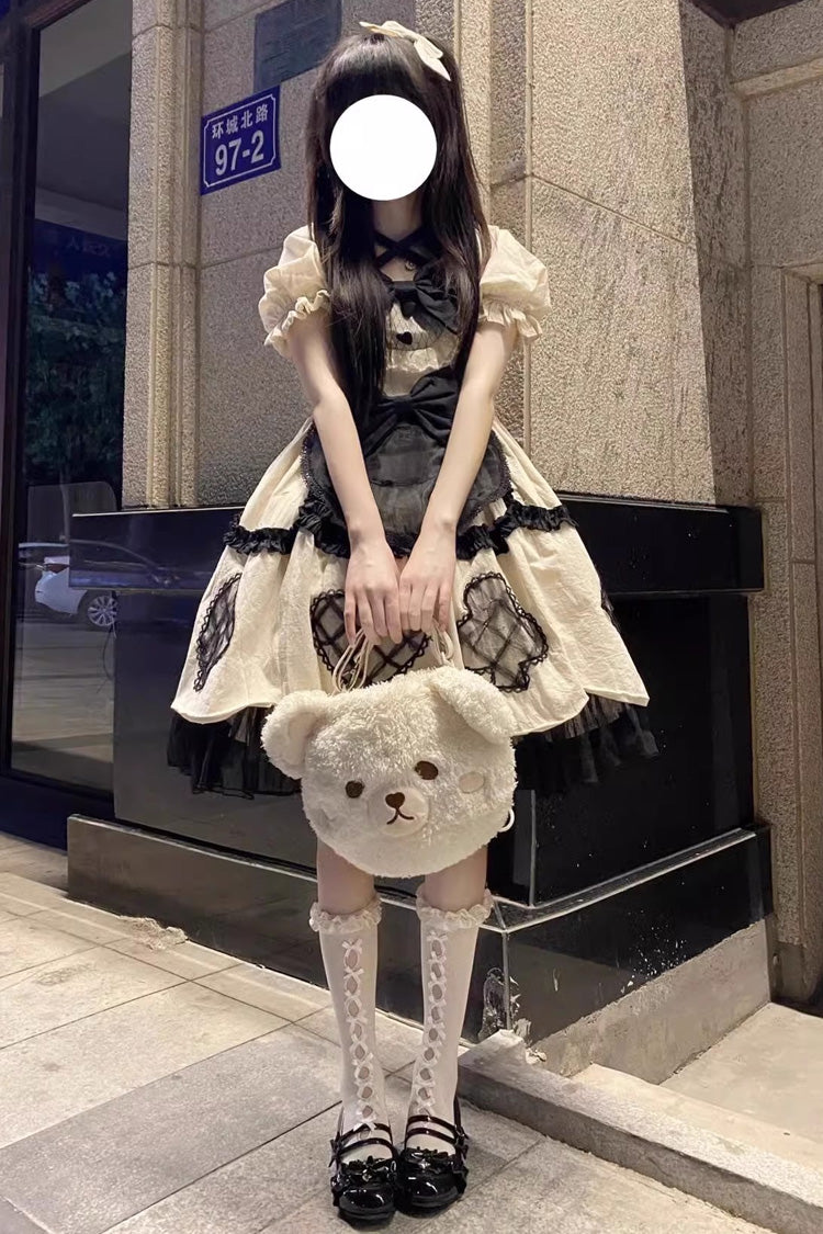 Ivory Short Puff Sleeves Ruffle Bowknot Princess Sweet Lolita Dress - Product - 4