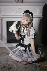 Doll Night Short Sleeves Print Ruffle Embroidery Bowknot Gothic Lolita Dress 2 Colors - Product - 5