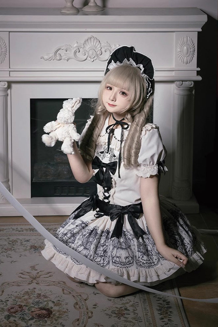 Doll Night Short Sleeves Print Ruffle Embroidery Bowknot Gothic Lolita Dress 2 Colors - Product - 5