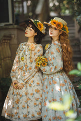 Green [Gardening Sunflower] Long Sleeves Print Ruffle Bowknot Sweet Elegant Lolita Dress - Product - 5