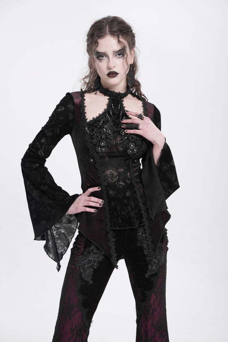Red Long Trumpet Sleeves Jacquard Cutout Women's Gothic Blouse - Product - 2