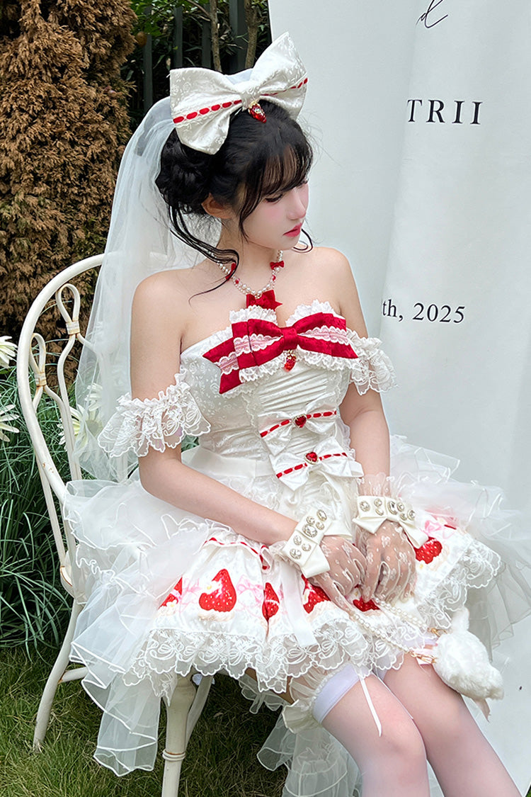 White [True Love Strawberry] Print Off Shoulder Sleeveless Ruffle Bowknot Lace Sweet Princess Lolita Dress Set - Product - 4