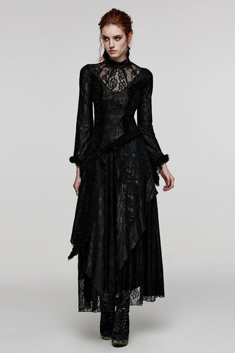 Black Long Trumpet Sleeves Hollow Stitching Lace Mesh Women's Gothic Dress - Black - 1