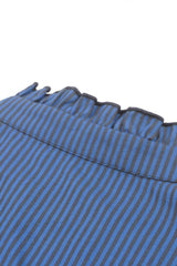 Blue/Black Striped Bow Ruffled Stand Collar Lace Jabot Short Puff Sleeves Front Button‑Up Women's Gothic Blouse - Product - 19