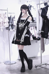Black [Bandage Bunny] Off Shoulder Long Sleeves Ruffled Embroidered Bow Lace Punk Jirai Kei Japanese Dress - Product - 7