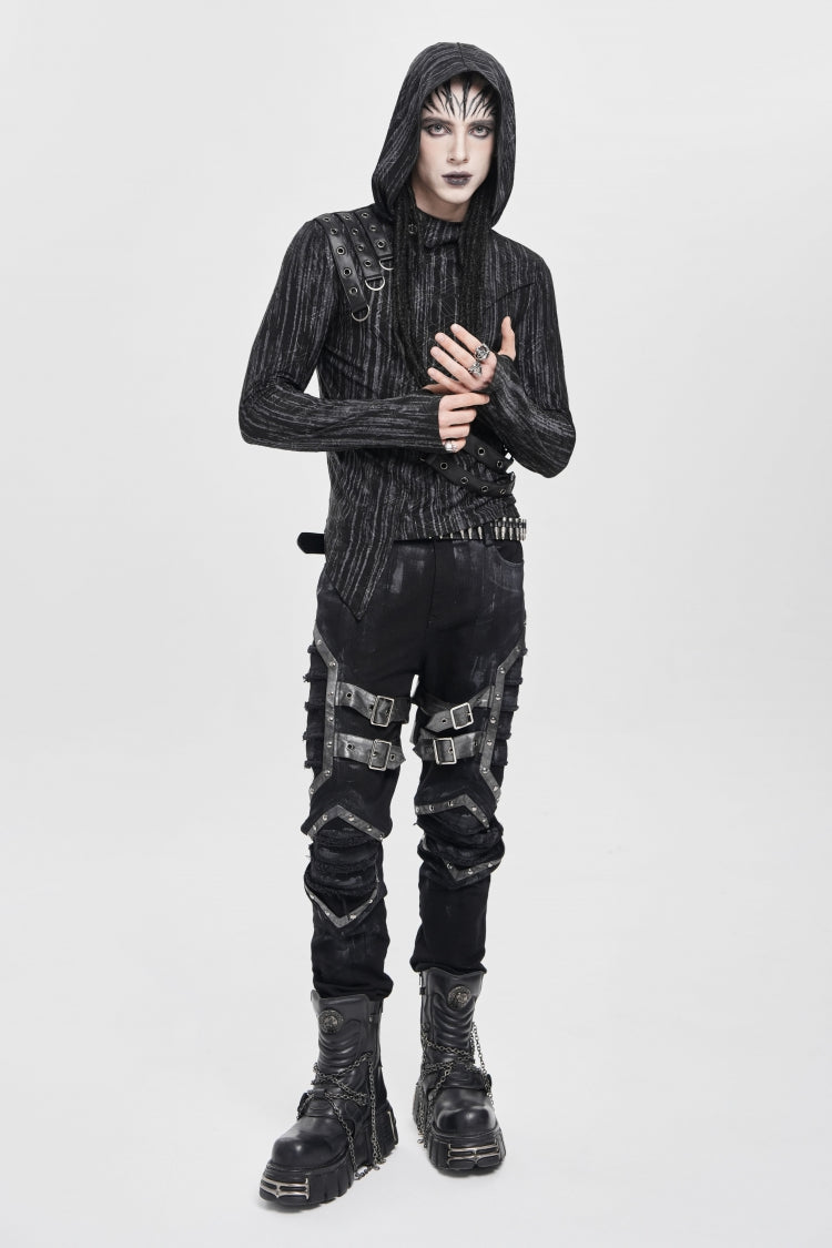 Black Buckle Straps Pleated Men's Punk Pants - Product - 9