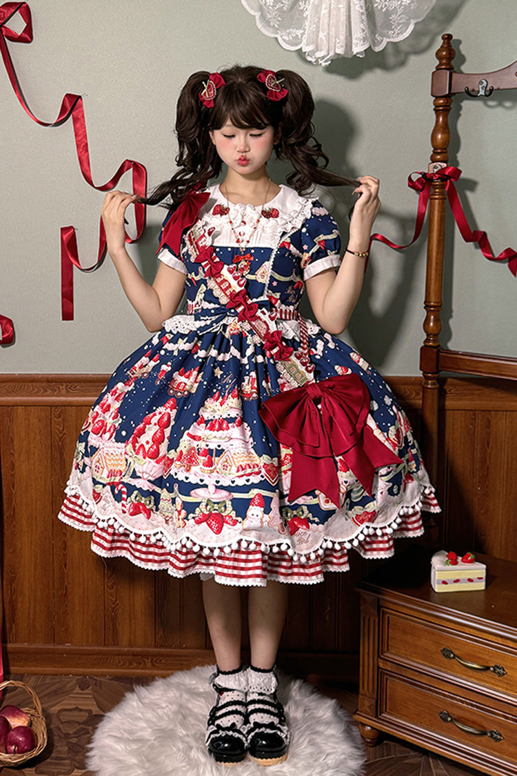 Mint Strawberry Dessert Doll Collar Short Sleeves Print Ruffle Bowknot Sweet Lolita Dress 4 Colors - Product - 10