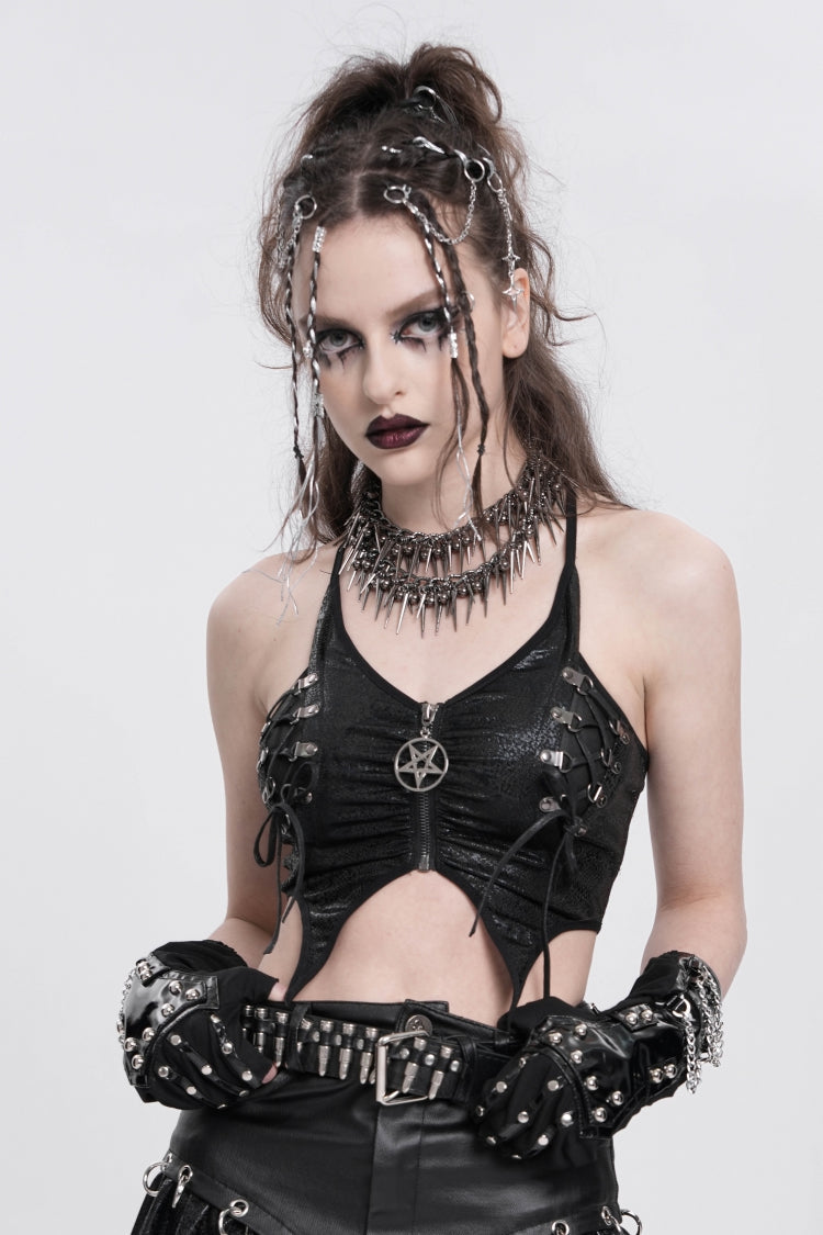 Black Sleeveless Stitching Irregular Mesh Women's Punk Tank Top - Product - 7