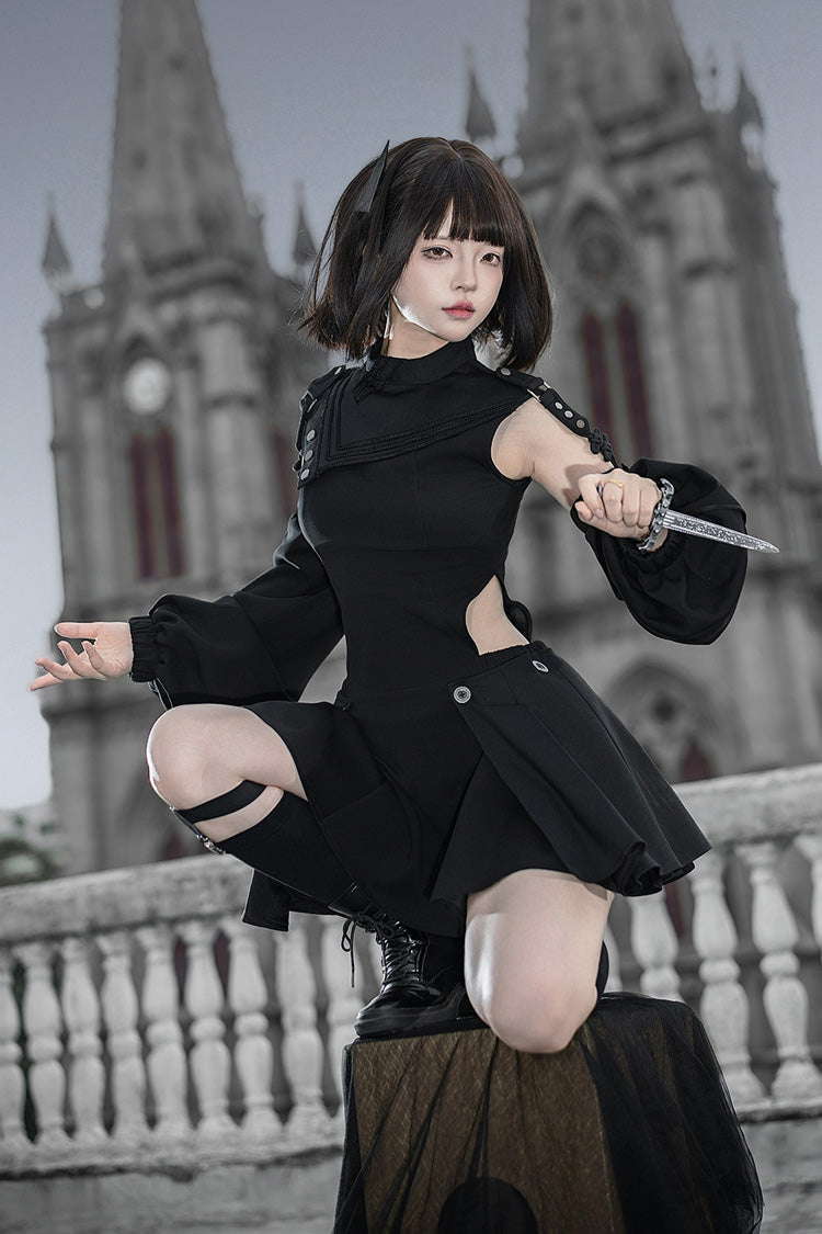 Black [Reserve Tactics] Ruffled Cut-Out Asymmetric Gothic Lolita Dress Set - Product - 6