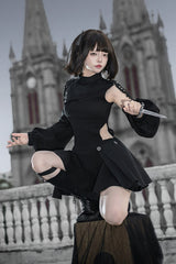 Black [Reserve Tactics] Ruffled Cut-Out Asymmetric Gothic Lolita Dress Set - Product - 6